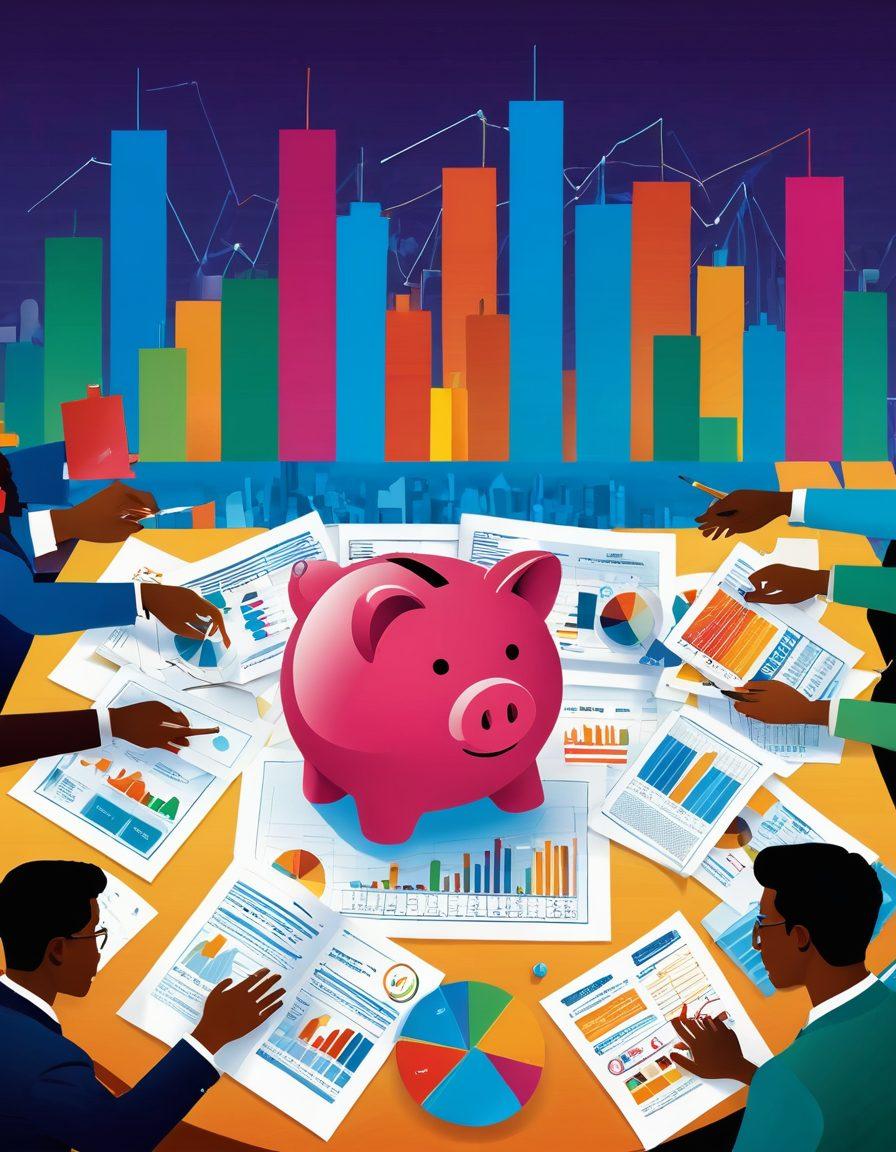 A dynamic illustration of a diverse group of individuals gathered around a table filled with colorful financial charts, budgeting tools, and credit awareness brochures. Include inspiring visuals like a piggy bank, calculators, and light bulbs symbolizing ideas. The backdrop features a city skyline, representing financial empowerment. Create a sense of collaboration and learning. vibrant colors. vector art.