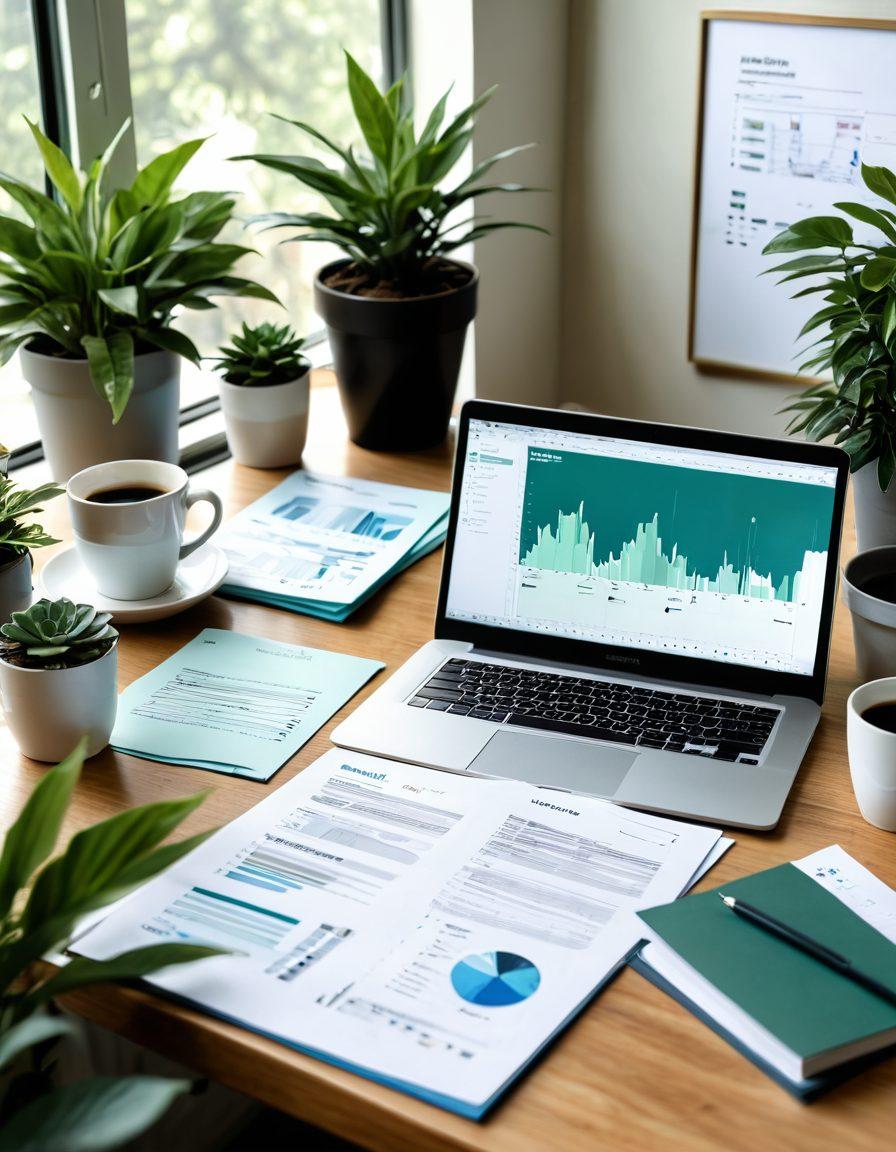 A serene workspace with a person reviewing financial documents, surrounded by plants and a laptop displaying graphs and financial growth. Incorporate calming blue and green colors to evoke a sense of peace and focus, with a coffee cup and a notebook for planning. The ambiance should suggest tranquility and clarity in money management. super-realistic. vibrant colors. soft natural lighting.